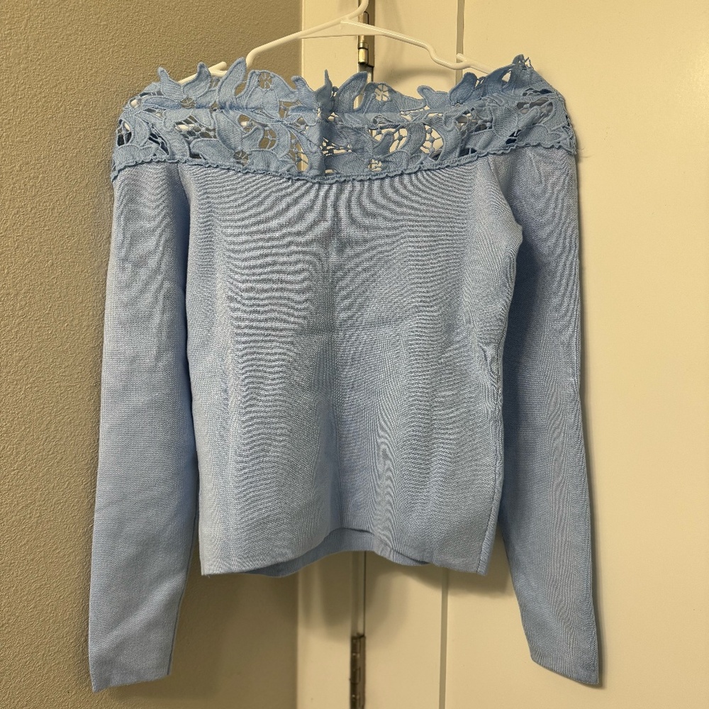 New York & Company - Lace Off Shoulder Pullover - XSMALL -  Light Blue